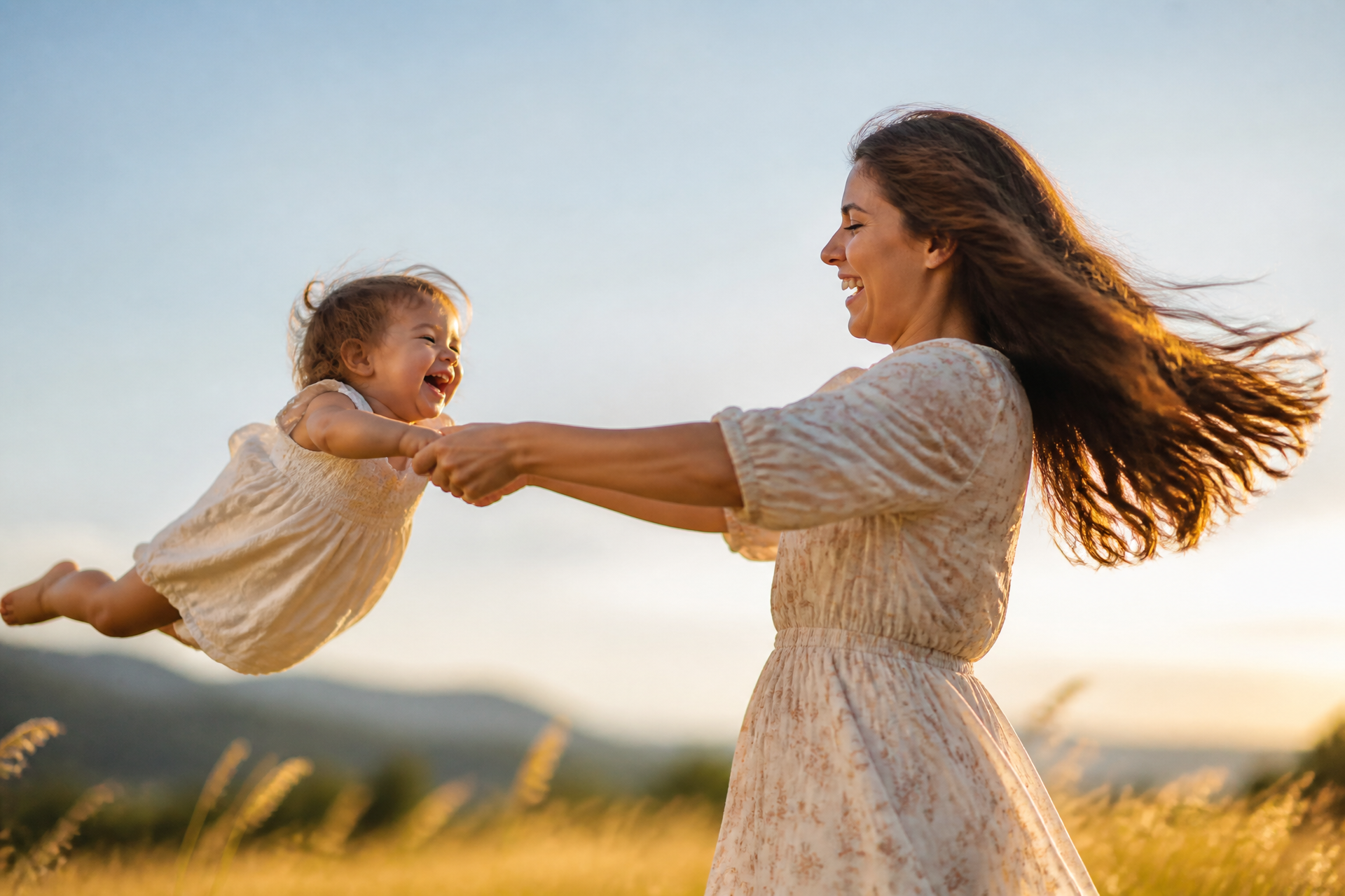 Mother joyfully swinging her baby in circles at sunset